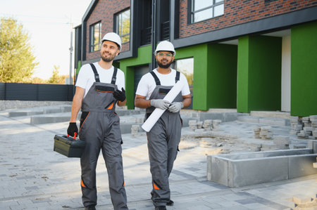 A team of professional builders stand near the newly built cottages. Townhouse.の写真素材