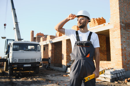 Construction worker in uniform and safety equipment have job on building.