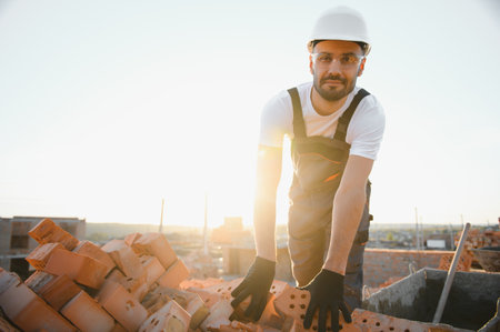 Construction worker in uniform and safety equipment have job on building.の写真素材