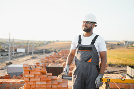 Indian Construction worker in uniform and safety equipment have job on building.
