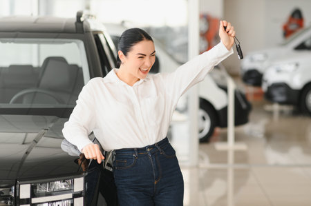 Young woman choosing a car at car showroom.の写真素材