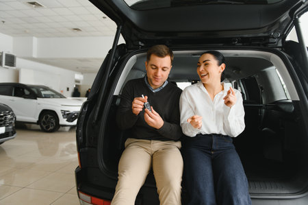 Portrait of a beautiful young couple choosing a new car at a car dealership.