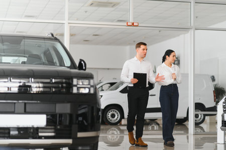 Car Sales Manager Showing Auto To Caucasian Lady Buyer Standing In Luxury Automobile Dealership Store. Buying Vehicle Concept