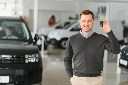 Handsome man customer holding key from auto, buying brand new car in showroom.