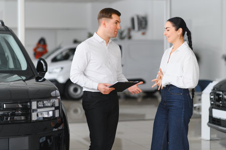 Young Caucasian woman buys a car at a dealership. Bearded man seller gives the car keys.の写真素材