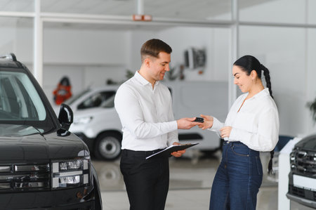 Young caucasian woman buys a car at a car dealership. Bearded man seller gives the car keys.の写真素材