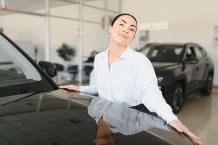 Woman hugging her new black car.の写真素材