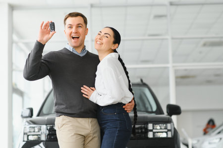 Woman hugging her husband, standing near new car.の写真素材