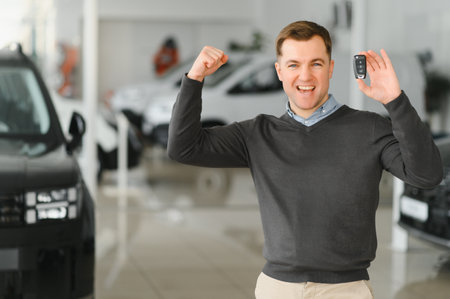 Happy buyer holding keys near the car in the modern autosalon building.