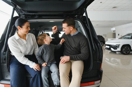 Young happy family enjoying while buying a new car in a showroom.