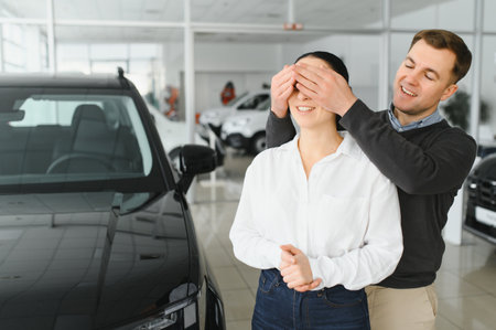 young handsome man makes surprise for his beautiful wife closes her eyes with his hands standing in dealership center buying new car for presentの写真素材