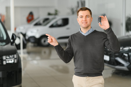 Happy buyer holding keys near the car in the modern autosalon building.の写真素材