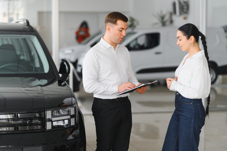 Car Sales Manager Showing Auto To Caucasian Lady Buyer Standing In Luxury Automobile Dealership Store. Buying Vehicle Conceptの写真素材