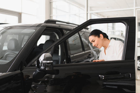 Young woman choosing a car at car showroom.の写真素材