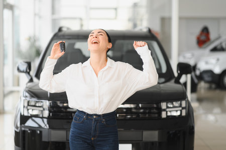Happy smiling woman holding keys in car dealership showroom.の写真素材