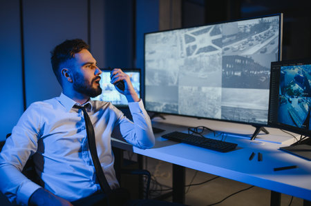 Male Security Guard Talking On Walkie talkie While Monitoring Multiple CCTV Footage On Computer.