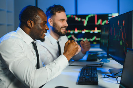 Financial Analyst Talking to Investment Banker in the Evening at Work. Chatting About Real Time...