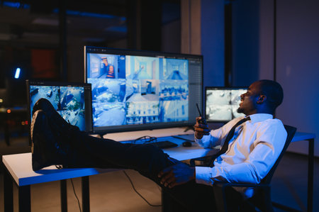African-American security officer watching the screens talking on radio in control room.の写真素材