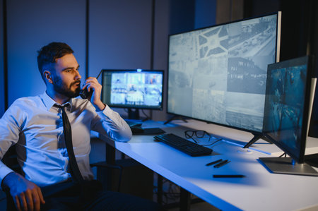 Security System CCTV Monitor Room. Man Using Walkie Talkie.の写真素材