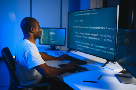 IT Programmer Working on Desktop Computer. Male Specialist Creating Innovative Software Engineer Developing App, Program, Video Game. Terminal with Coding Language. Over Shoulderの写真素材