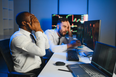 Stressed business men crypto trader broker investors analyzing stock exchange market crypto trading.