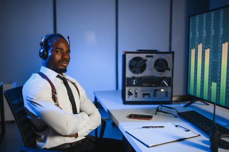 Secret agent listens on the reel tape recorder. Officer wiretapping in headphones.の写真素材