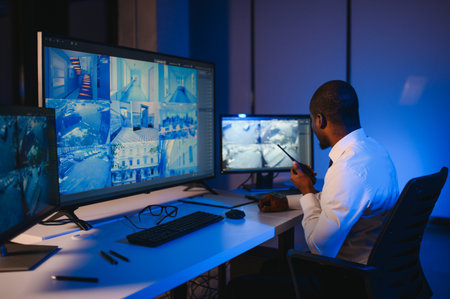 African American security officer or dispatch uses computer and walkie talkie, looks at screens.