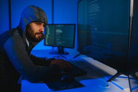 Hacker with computer, man sitting at a table in a hoody.の写真素材
