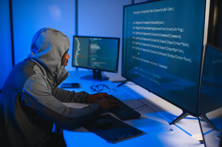 Hacker Using Multiple Computers For Stealing Data On Desk.の写真素材