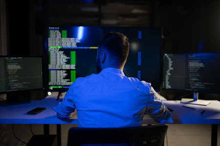 Portrait of male programmer in office at night.