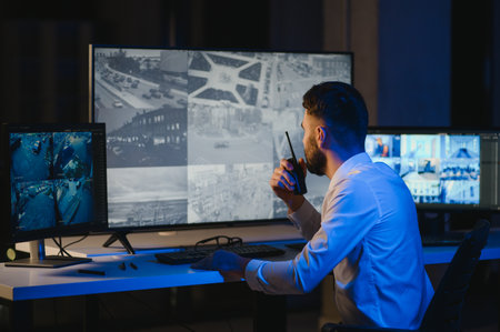 Back view of man watching surveillance footage and map on computers.