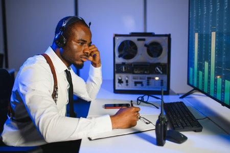 Secret agent listens on the reel tape recorder. Officer wiretapping in headphones.の写真素材