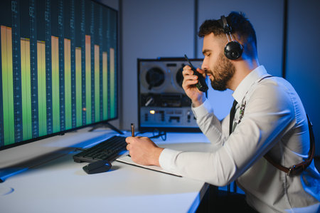 A police officer records a telephone conversation on a tape recorder. secret agentの写真素材