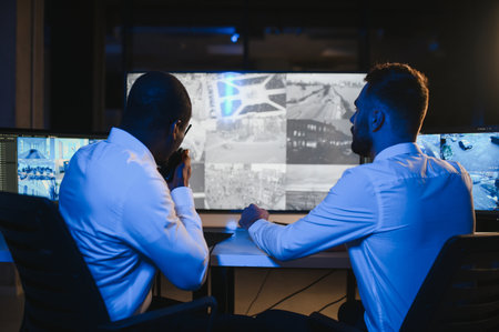 Two male security guards looking at computer screen while one of them explaining detail of video.の写真素材