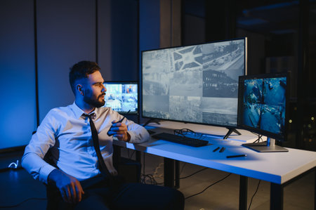 Side view of security system operator using walkie talkie while looking at CCTV footage.