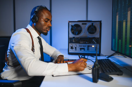 Secret agent listens on the reel tape recorder. Officer wiretapping in headphones.の写真素材