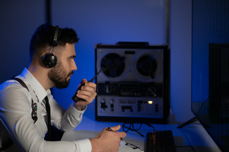 Secret agent listens on the reel tape recorder. Officer wiretapping in headphones.の写真素材