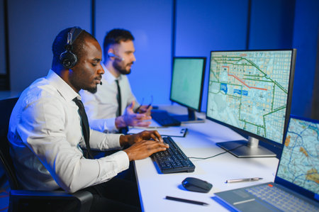 Center of dispatching maintenance. Portrait of men working via headset microphone while sitting on navigation controller board.の写真素材