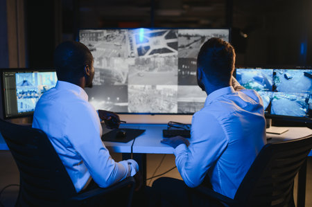 Two male security guards looking at computer screen while one of them explaining detail of video.の写真素材