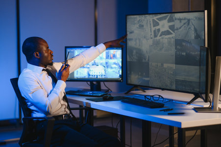 African American security guard looking at desktop computer screen while speaking on walkie talkie.の写真素材