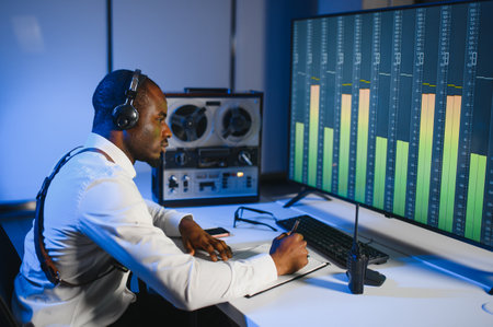 Secret agent listens on the reel tape recorder. Officer wiretapping in headphones.の写真素材