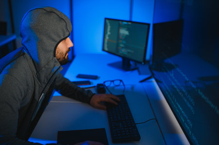 Hacker programmer using computer in dark room.