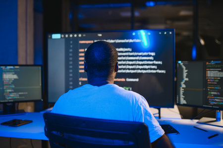 IT Programmer Working on Desktop Computer. Male Specialist Creating Innovative Software Engineer...