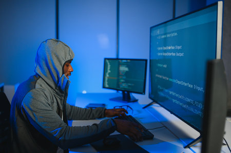 African american Hacker with computer, man sitting at a table in a hoody.
