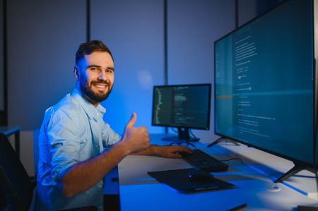 IT Programmer Working on Desktop Computer. Male Specialist Creating Innovative Software Engineer Developing App, Program, Video Game. Terminal with Coding Language. Over Shoulderの写真素材