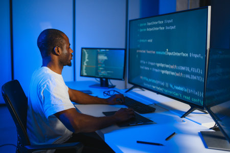 photo of smart skilled introvert tester write typing operating data security evening office dark roomの写真素材