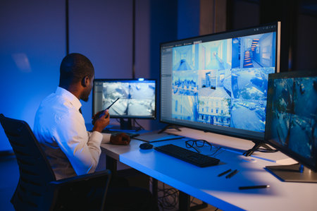 Serious African American security guard watching cctv video in surveillance room while observing hotel life on computer screenの写真素材