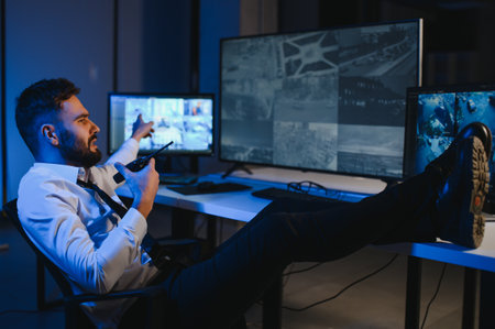 Male Security Guard Talking On Walkie talkie While Monitoring Multiple CCTV Footage On Computer.の写真素材