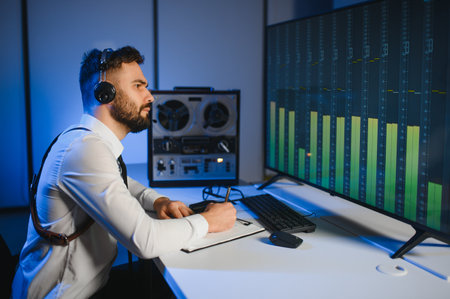 Secret agent listens on the reel tape recorder. Officer wiretapping in headphones.の写真素材