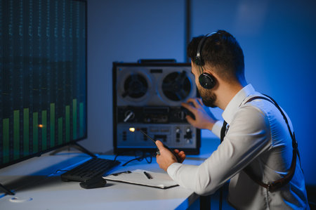 A police officer records a telephone conversation on a tape recorder. secret agentの写真素材